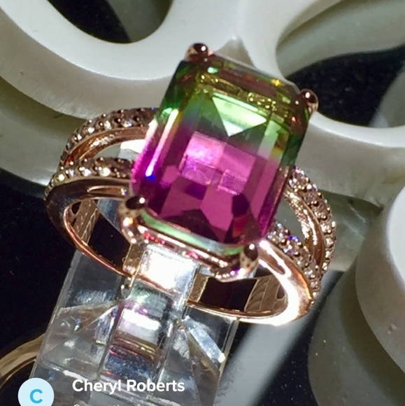 🍉Rose Gold Emerald Cut Watermelon Tourmaline Ring - Picture 2 of 4